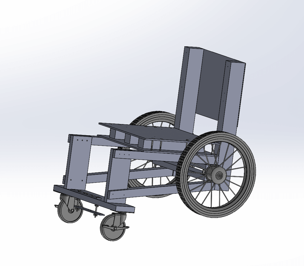 SolidWorks CAD render showing side view of the wheelchair assembly with dimensions