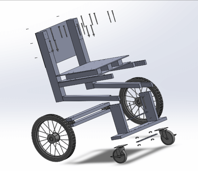 CAD render showing structural frame detail and key construction elements of the wheelchair