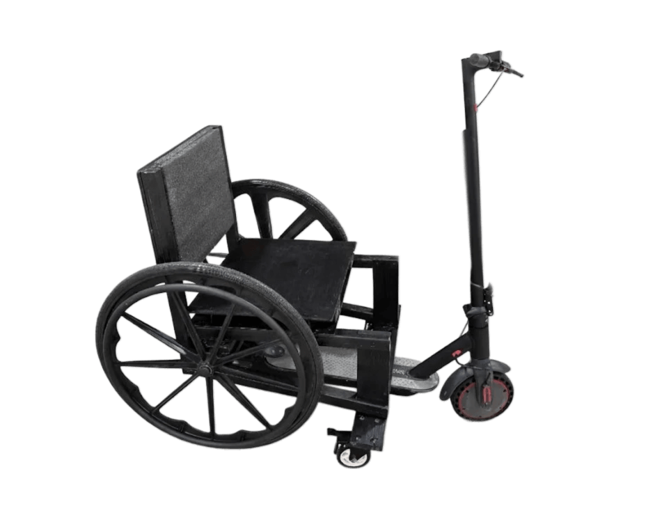 Finished wheelchair - front 3/4 angle view showing the complete scooter-wheelchair mobility link system